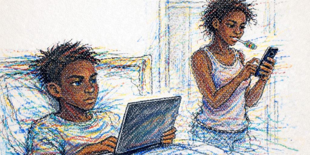 Couple browsing social media right after getting up from bed